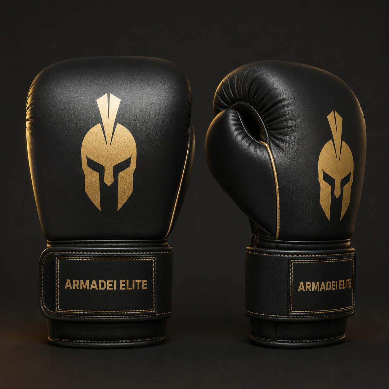 Customizable ARMADEI ELITE black boxing gloves with gold printed Spartan logo and wrist patch